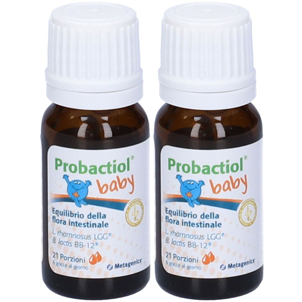 Due flaconi marroni con tappi bianchi. Etichette: "Probactiol baby". Testo: "Equilibrio della flora intestinale".