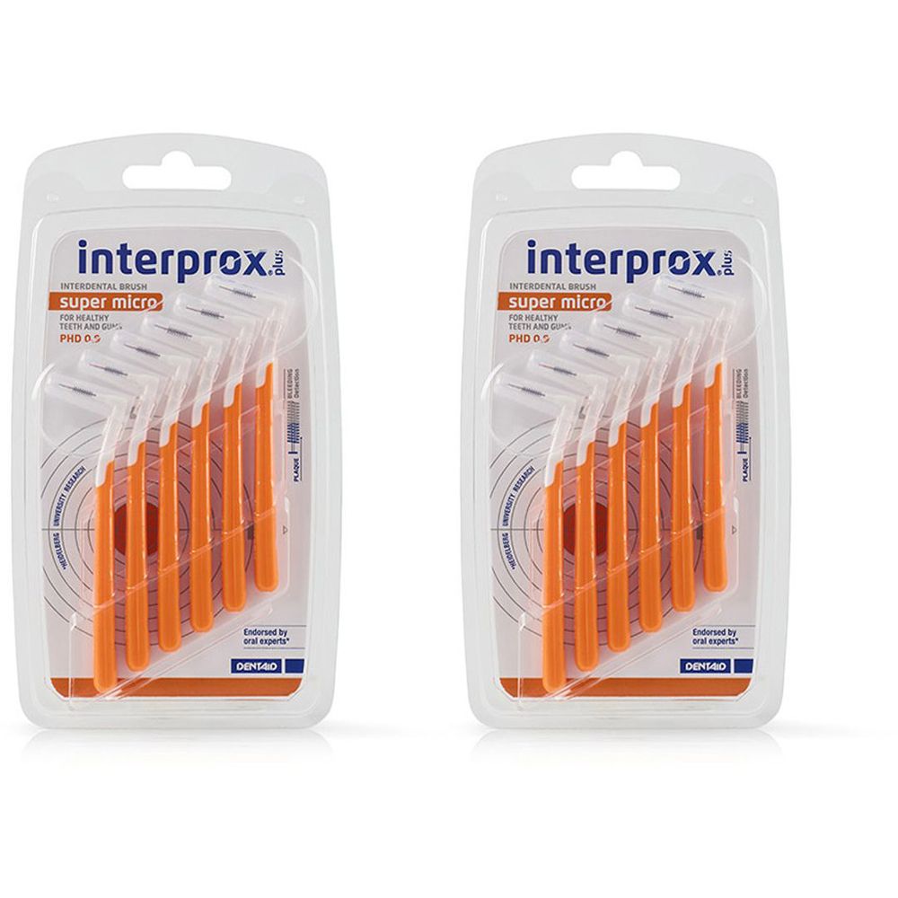 Interprox Plus Super micro 6 Scovolini Arancioni, Anti-Placca e Anti-Carie per spazi interdentali più piccoli (PHD 09) Set da 2