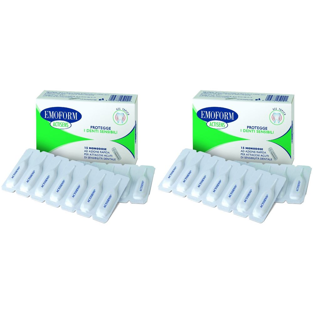 Due confezioni di gel EMOFORM Actisens. Ogni confezione contiene 12 dosi singole in blister. Scritta: Protegge i denti sensibili.
