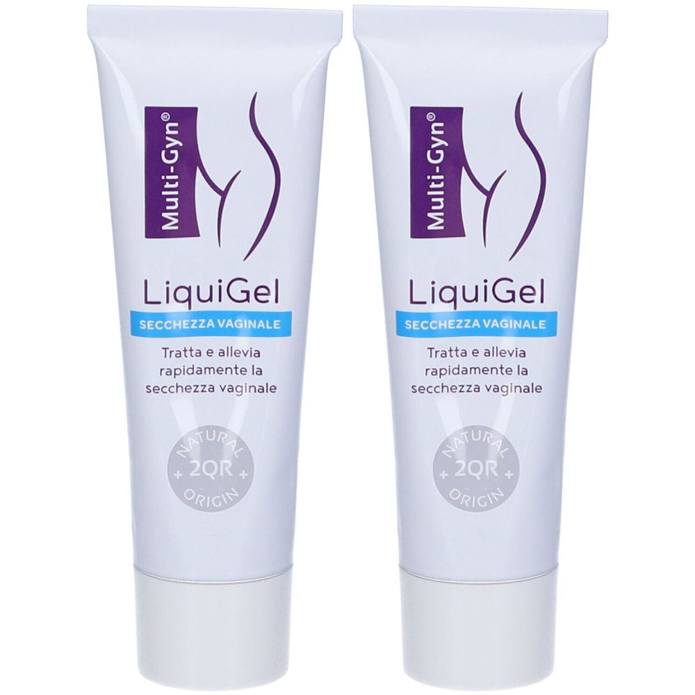 Due tubi bianchi. Su ogni tubo, "Multi-Gyn LiquiGel". Testo: "SECCHEZZA VAGINALE".