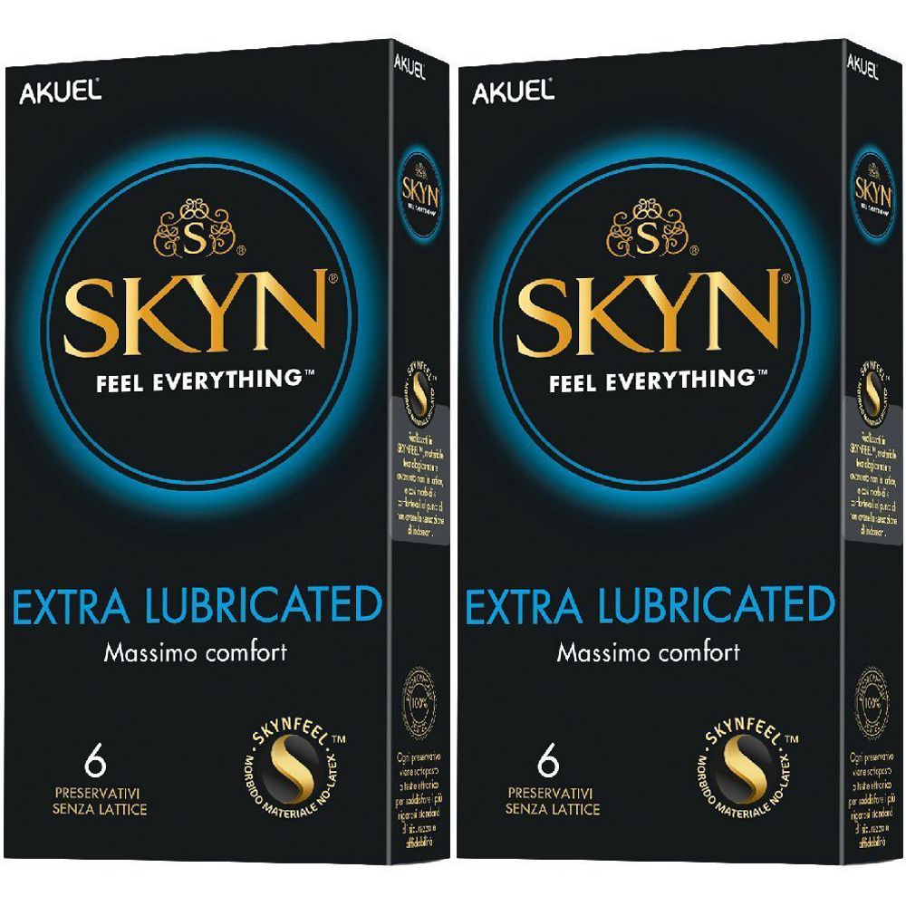 Due confezioni di preservativi SKYN Extra Lubricated. Contiene 6 pezzi. Confezione nera con bordi blu.