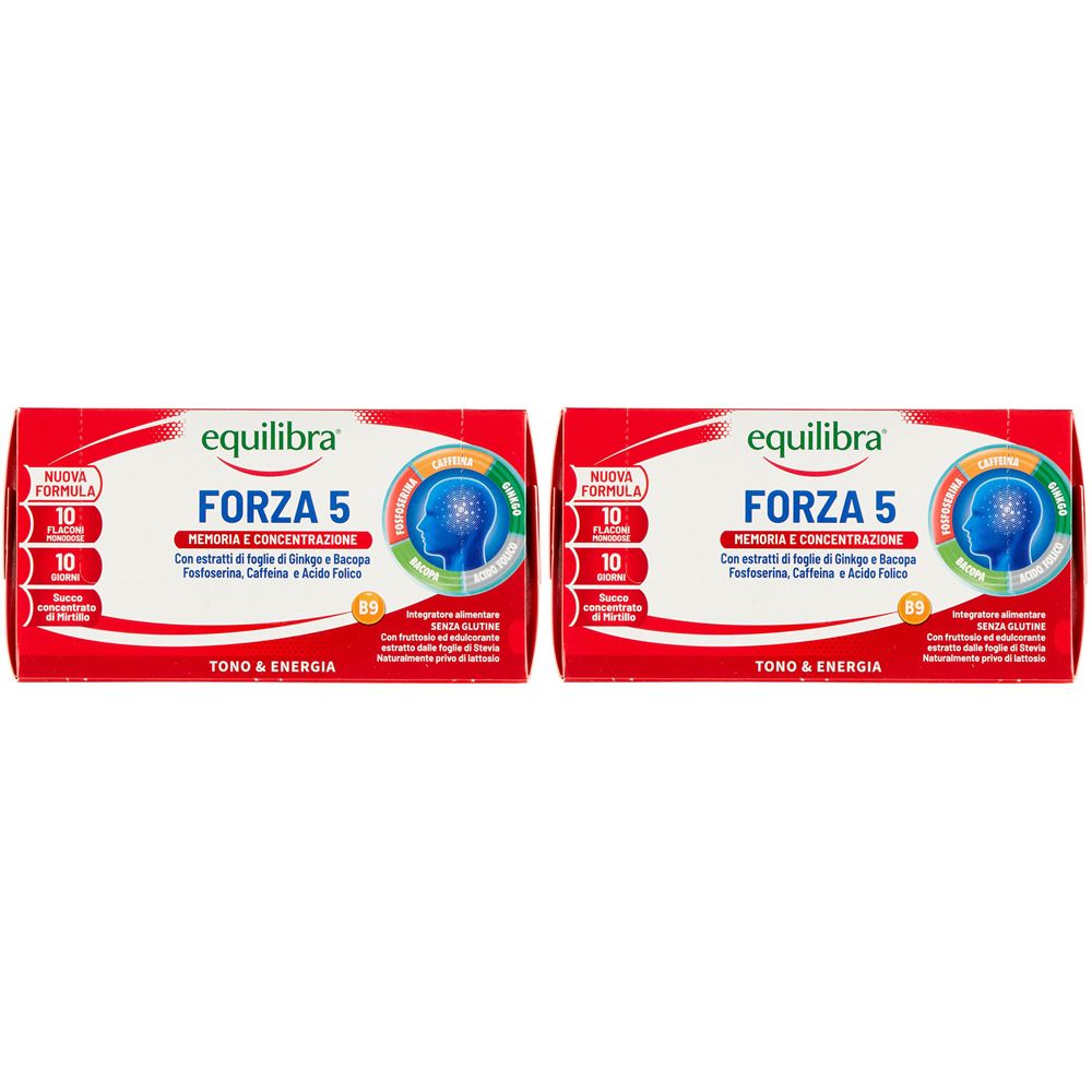 Due confezioni rosse "equilibra FORZA 5". Scritta "TONO & ENERGIA". Contiene 10 compresse. Senza glutine.
