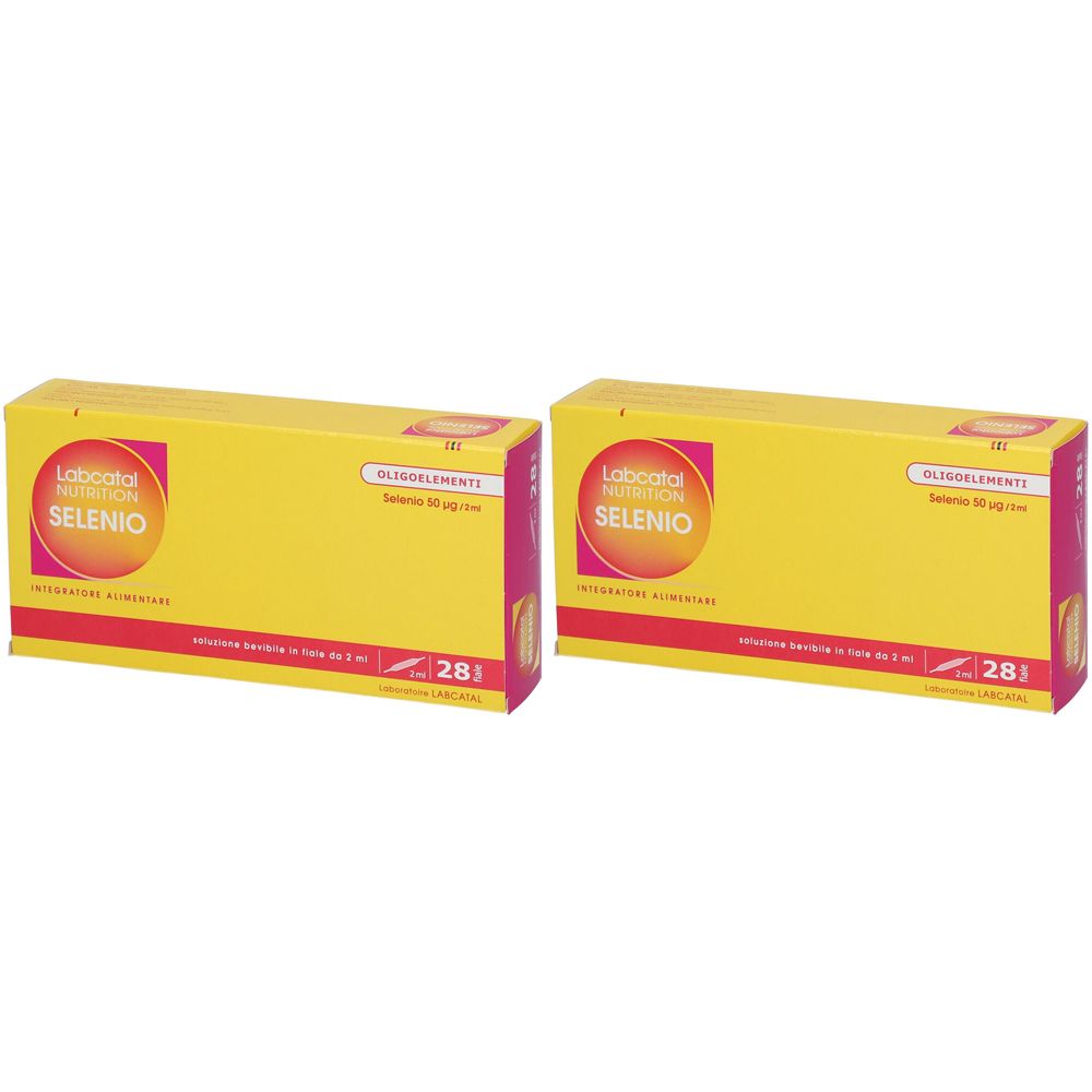 Due scatole gialle con la scritta "Labcatal NUTRITION SELENIO". Scritta "Selenio 50 ug/1ml" e "28 J".