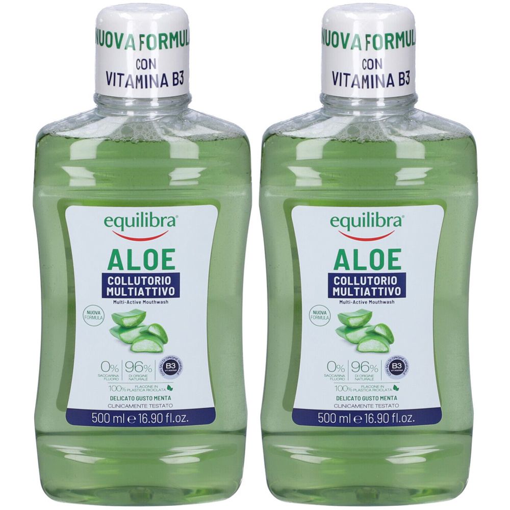 Due flaconi di collutorio Equilibra Aloe Multiattivo. Contiene vitamina B3. 500 ml.