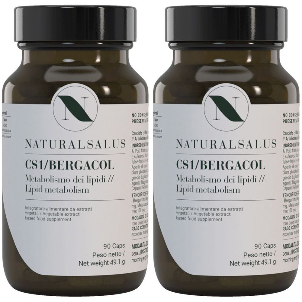 Due flaconi con tappi neri. Etichetta: NATURALSALUS, CS1/BERGACOL, Metabolismo dei lipidi // Lipid metabolism. 90 capsule.
