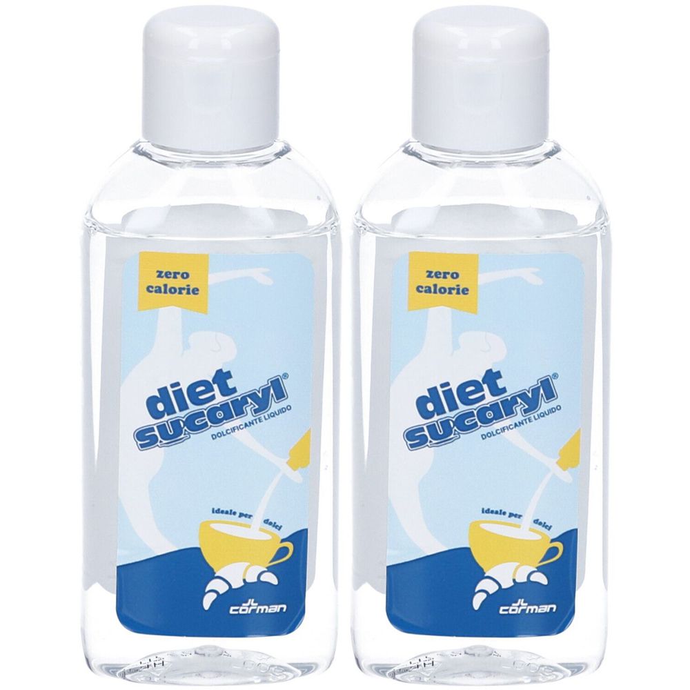 Due flaconi trasparenti con tappi bianchi. Le etichette riportano "diet sucaryl" e "zero calorie".