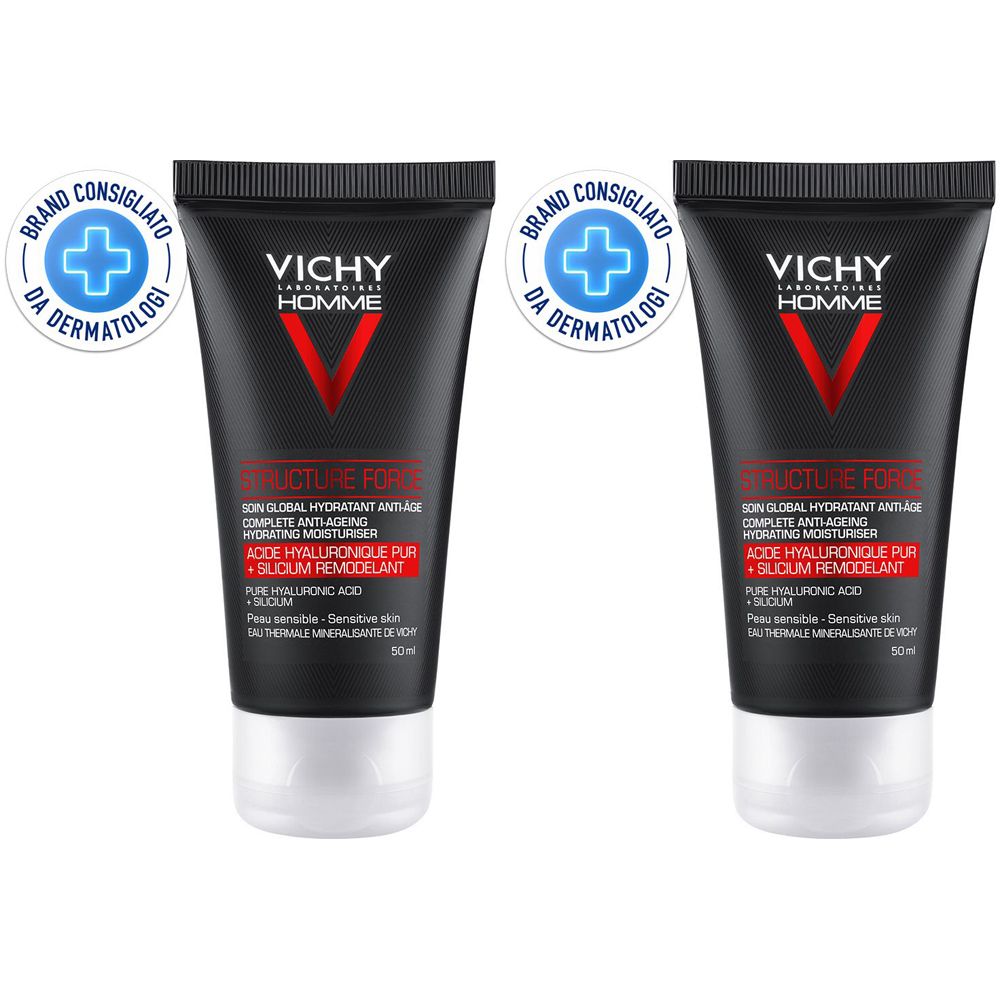 Vichy Homme Trattamento Anti -Eta' Structure Force Viso + Occhi con Acido Ialuronico and AHA Per Pelle Piu' Tonica 50 ml Set da 2