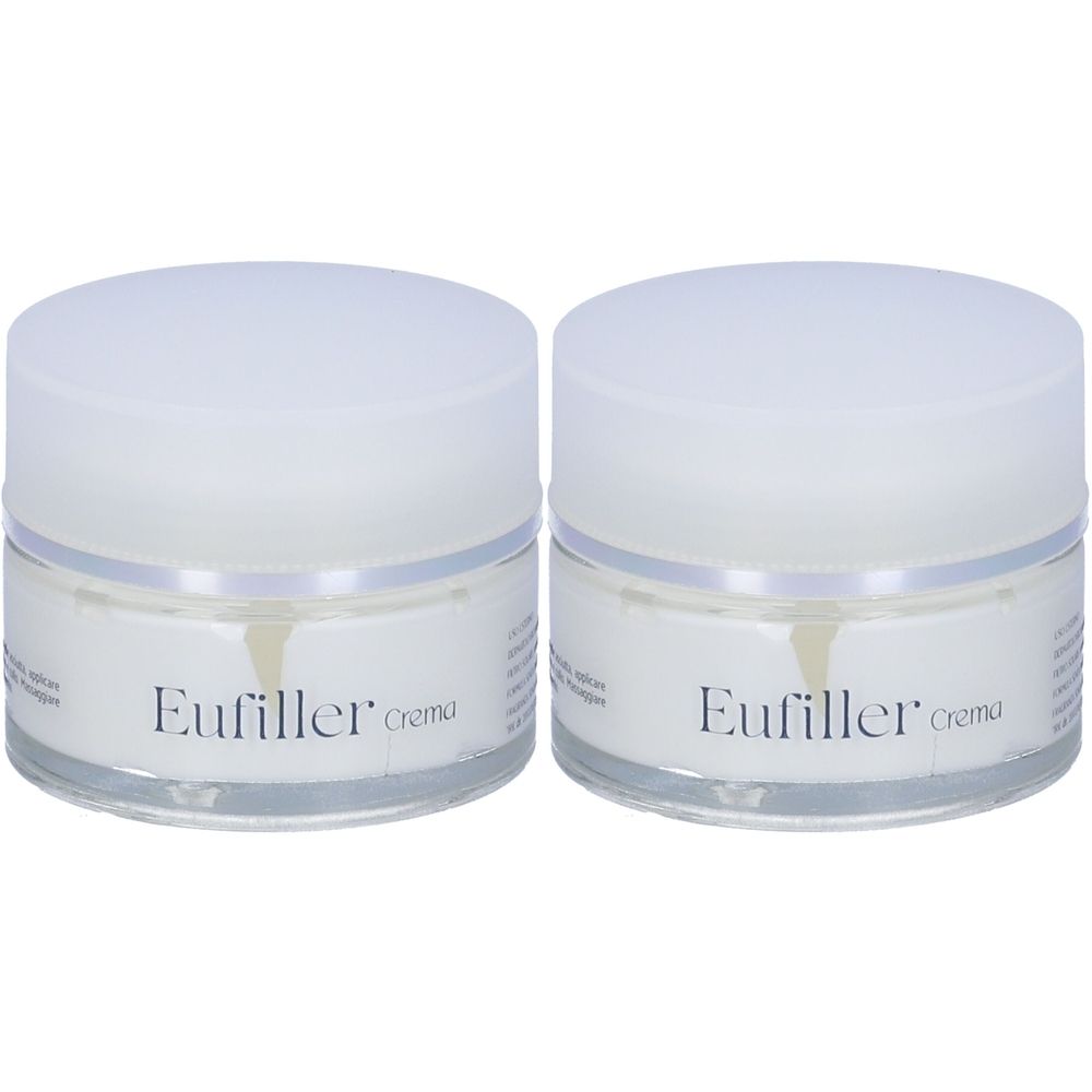 Due vasetti di crema con coperchi bianchi. La scritta "Eufiller Crema" è visibile.