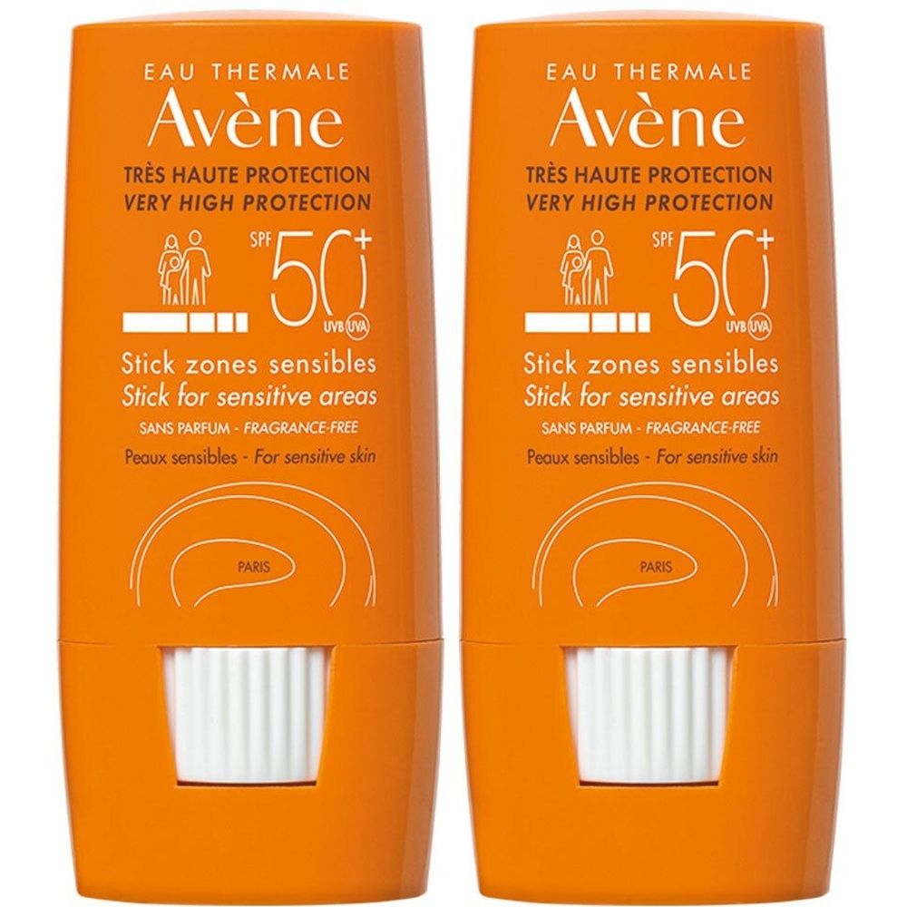Due stick solari arancioni con applicatore bianco. Scritta: Avène, SPF 50, Stick zone sensibili.