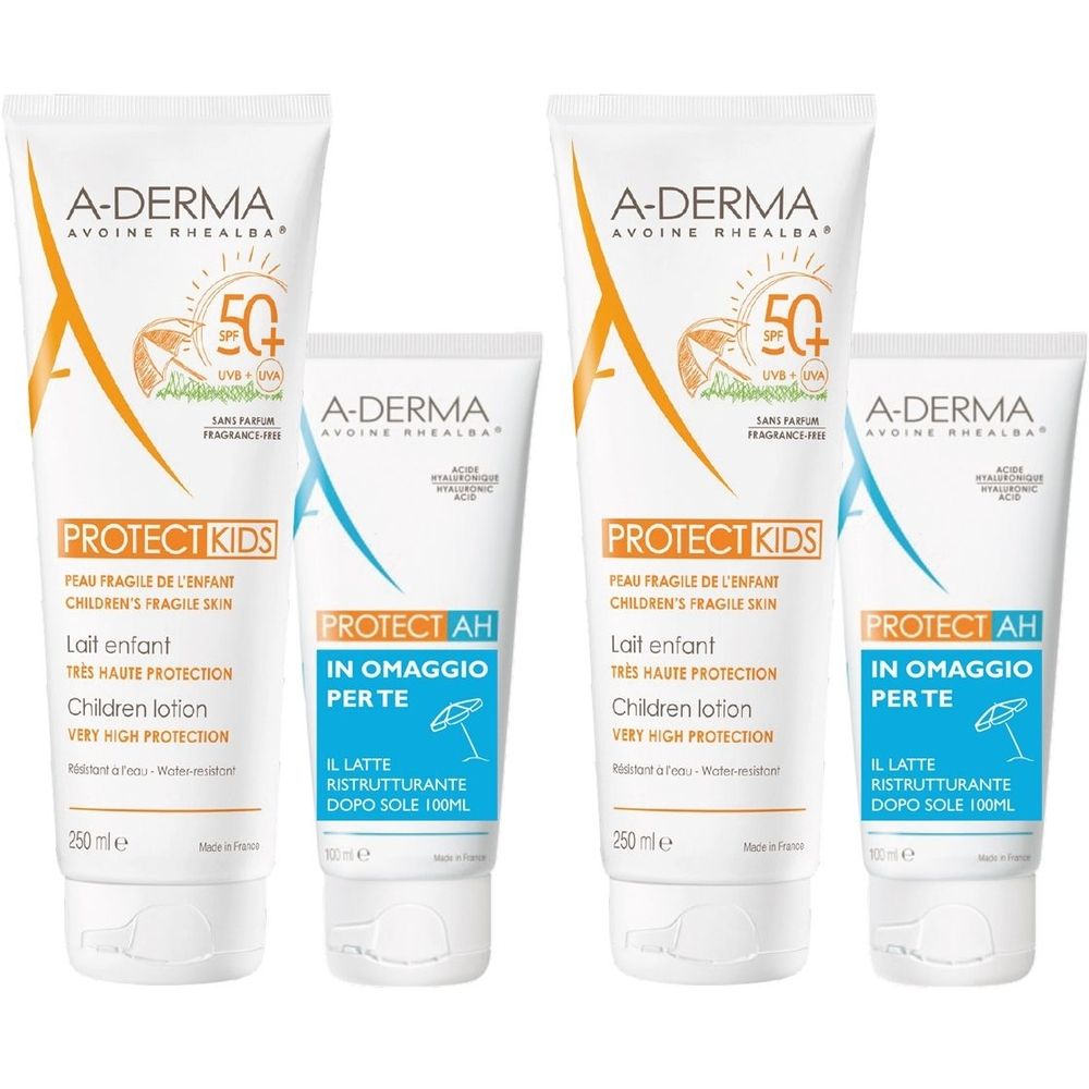 Due tubi di crema solare e due tubi di lozione doposole. Scritta: A-DERMA, PROTECT KIDS, PROTECT AH. Alta protezione solare.