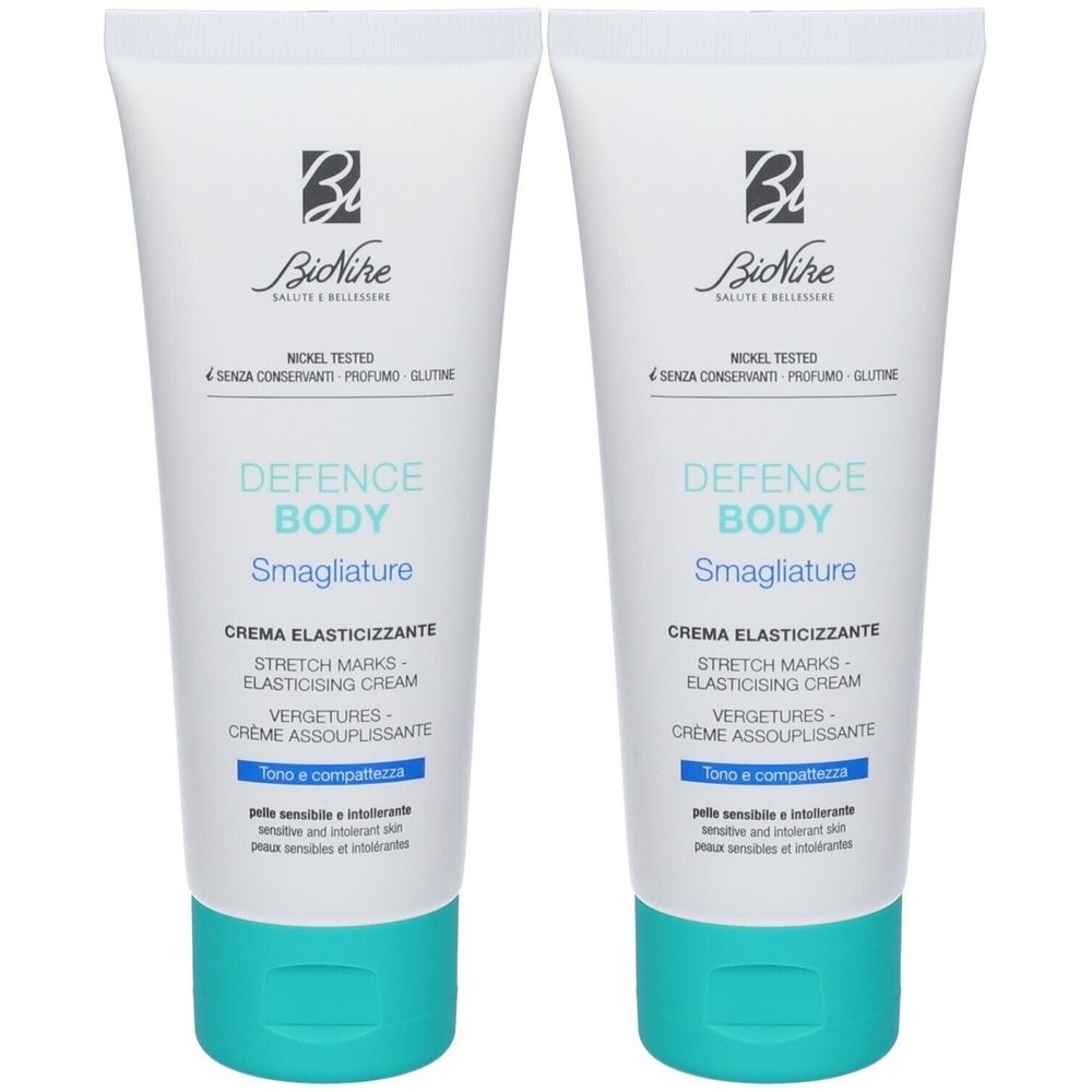 Due tubi di crema. Scritta: BioNike Defence Body Smagliature. Crema elasticizzante.