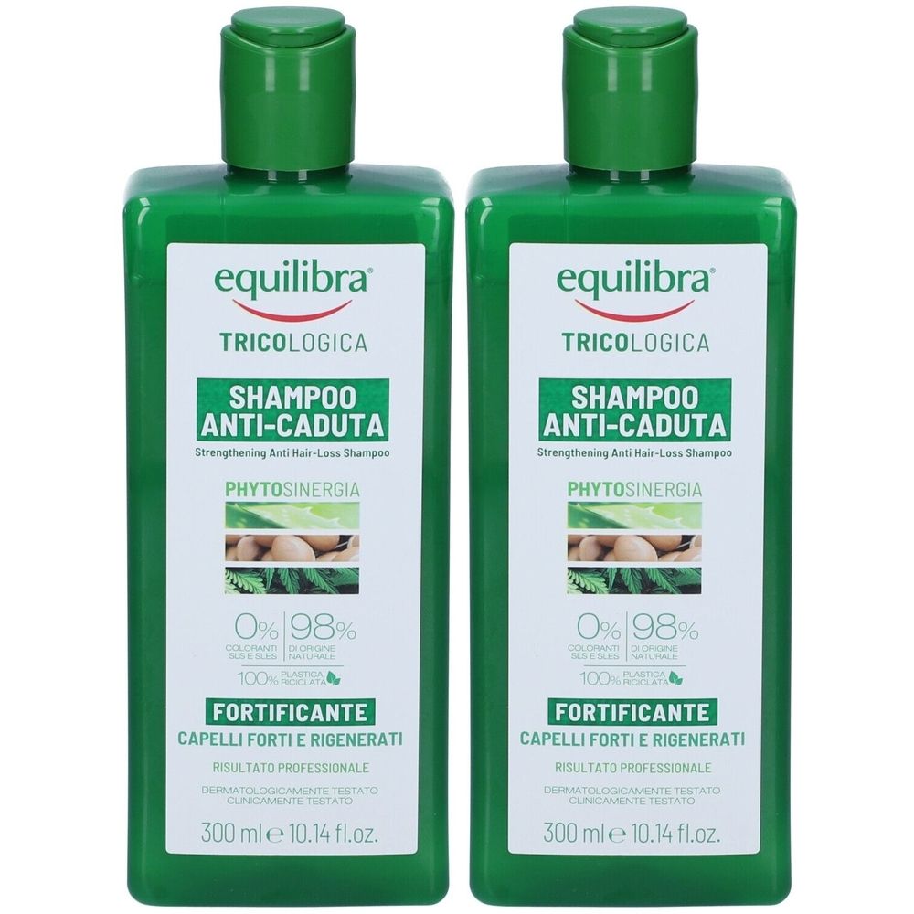 Due flaconi verdi di shampoo. Scritta: Equilibra Tricologica Shampoo Anti-caduta. Shampoo fortificante anticaduta.