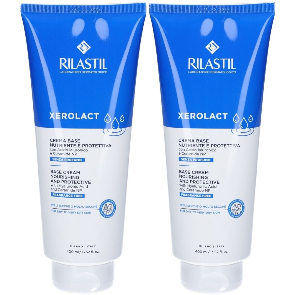 Due tubi di crema Rilastil Xerolact. Confezione blu e bianca. Testo: Xerolact, Crema Base, Base Cream, senza profumo.