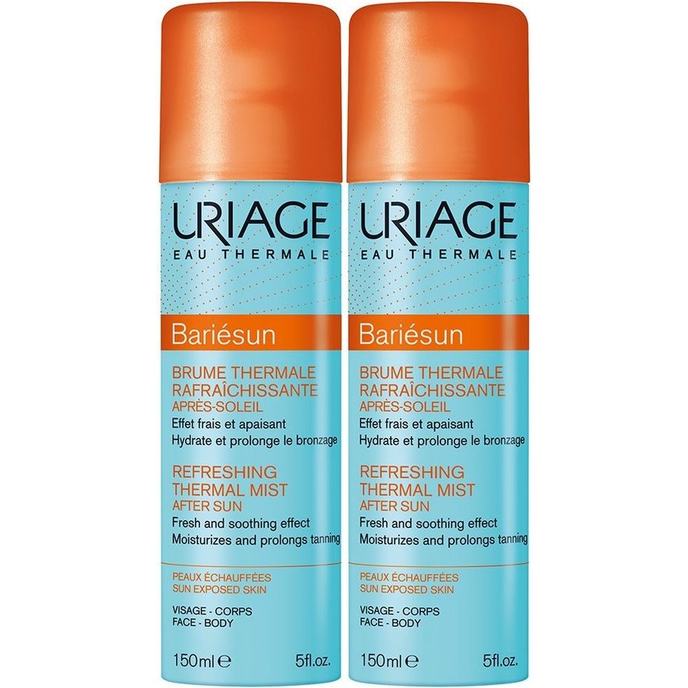 Due spray con tappi arancioni. Scritta: URIAGE, Bariésun, bruma termale. Per pelli esposte al sole, 150ml.