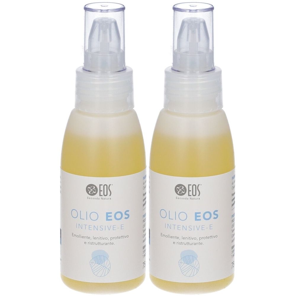 Due flaconi con liquido giallo e vaporizzatore. Scritta: Olio Eos Intensive-E.