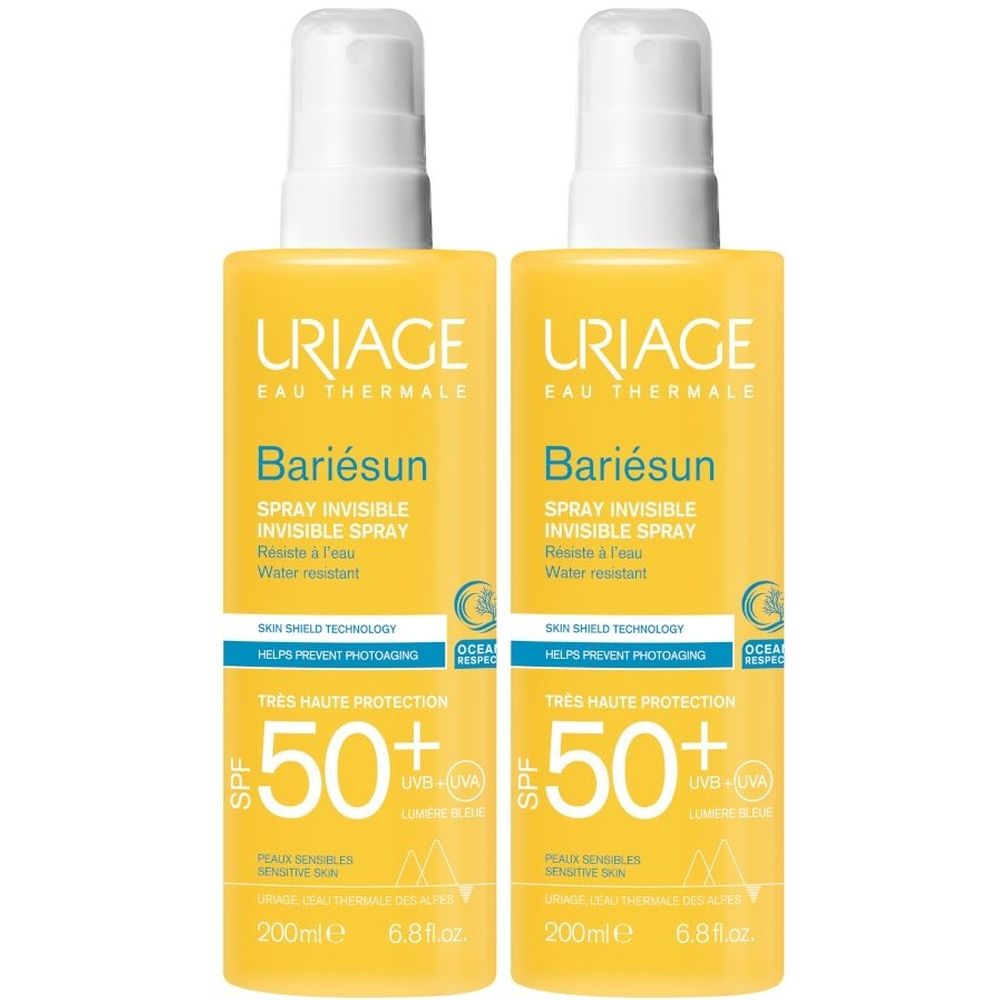 Due spray gialli con erogatore bianco. Scritta: Uriage Bariésun Spray Invisible SPF 50+. Testo: Tres Haute Protection 50+.