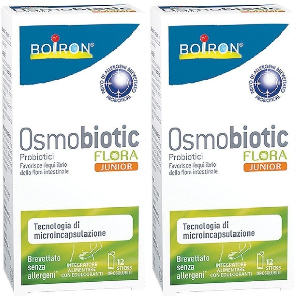 Due scatole bianche con scritto BOIRON Osmobiotic Flora Junior. Scritto: Probiotici, 12 stick, senza allergeni.