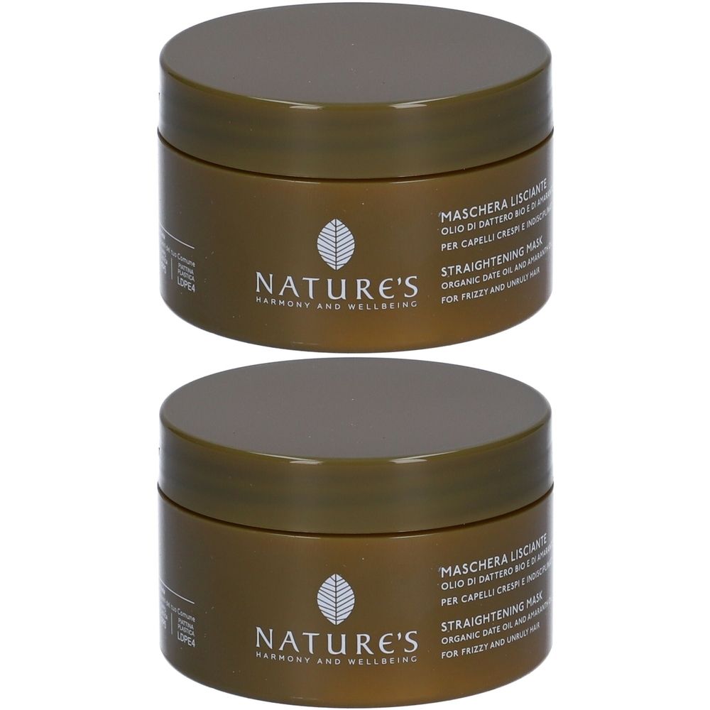 Due vasetti marroni con coperchi. Scritta NATURE'S, Maschera Lisciante, Straightening Mask.