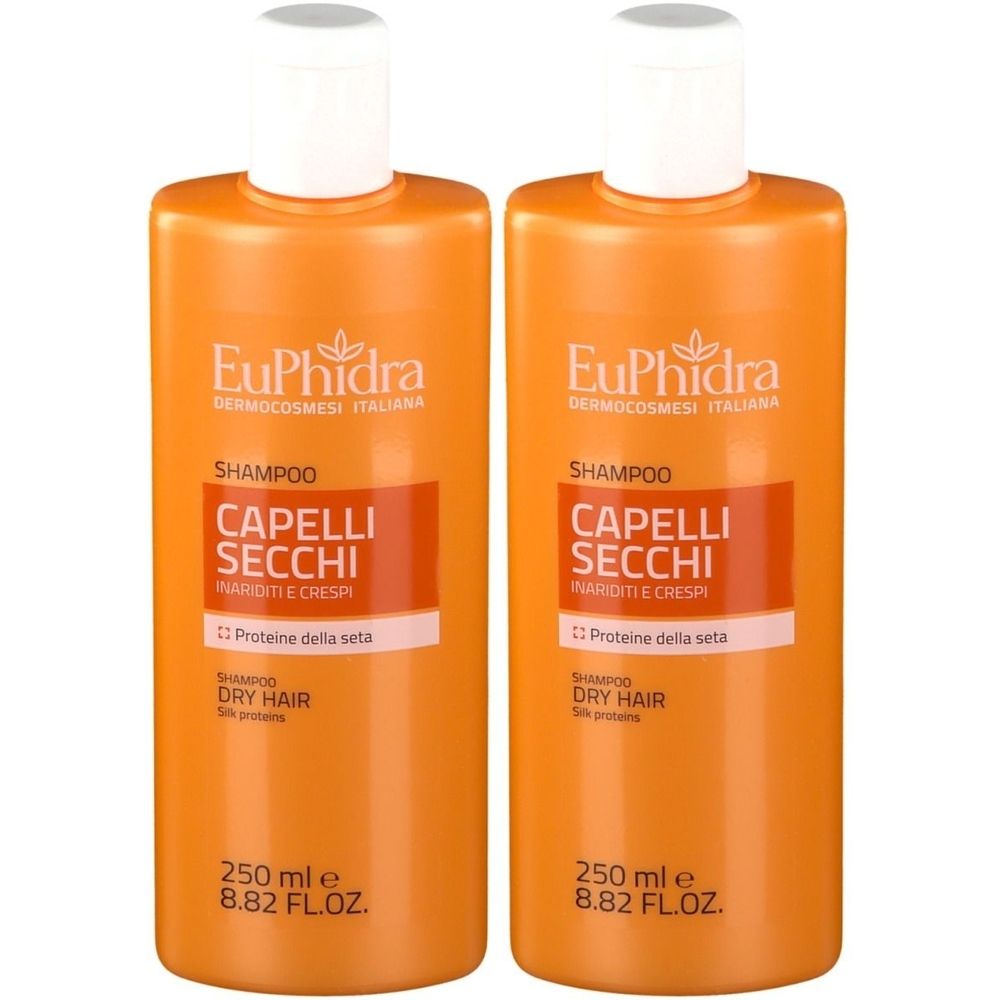 Due flaconi di shampoo arancioni con tappi bianchi. Scritta: EuPhidra, Shampoo, Capelli Secchi, Dry Hair. Volume: 250 ml.
