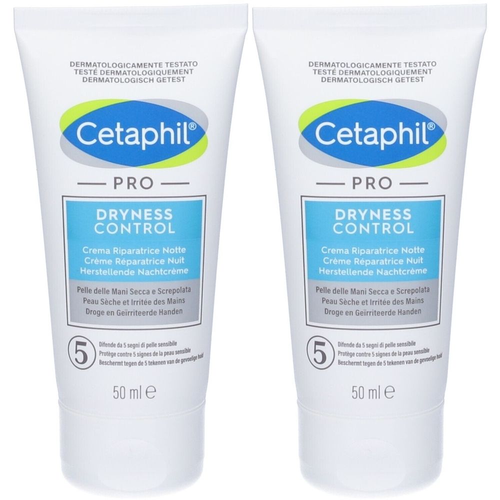 Due tubi di crema mani Cetaphil PRO. Tubi bianchi con testo blu. Scritto: DRYNESS CONTROL, 50 ml.