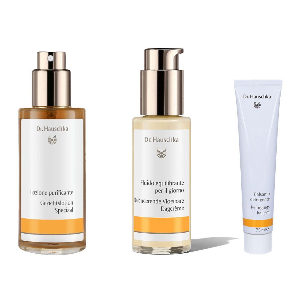 Dr Hauschka Balsamo detergente + Lozione Purificante + Fluido Equilibrante per il Giorno