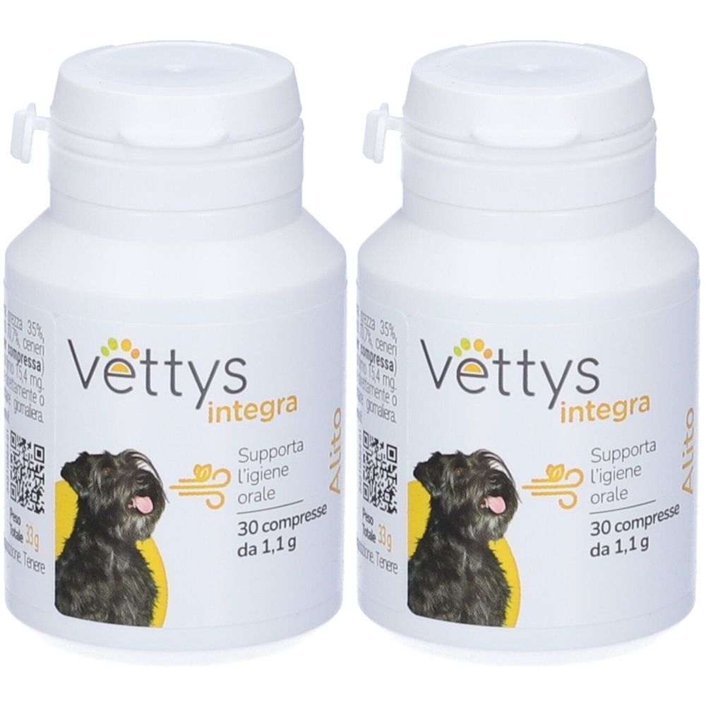 Due flaconi bianchi con etichette. Scritta: Vettys integra, 30 compresse. Immagine di un cane.