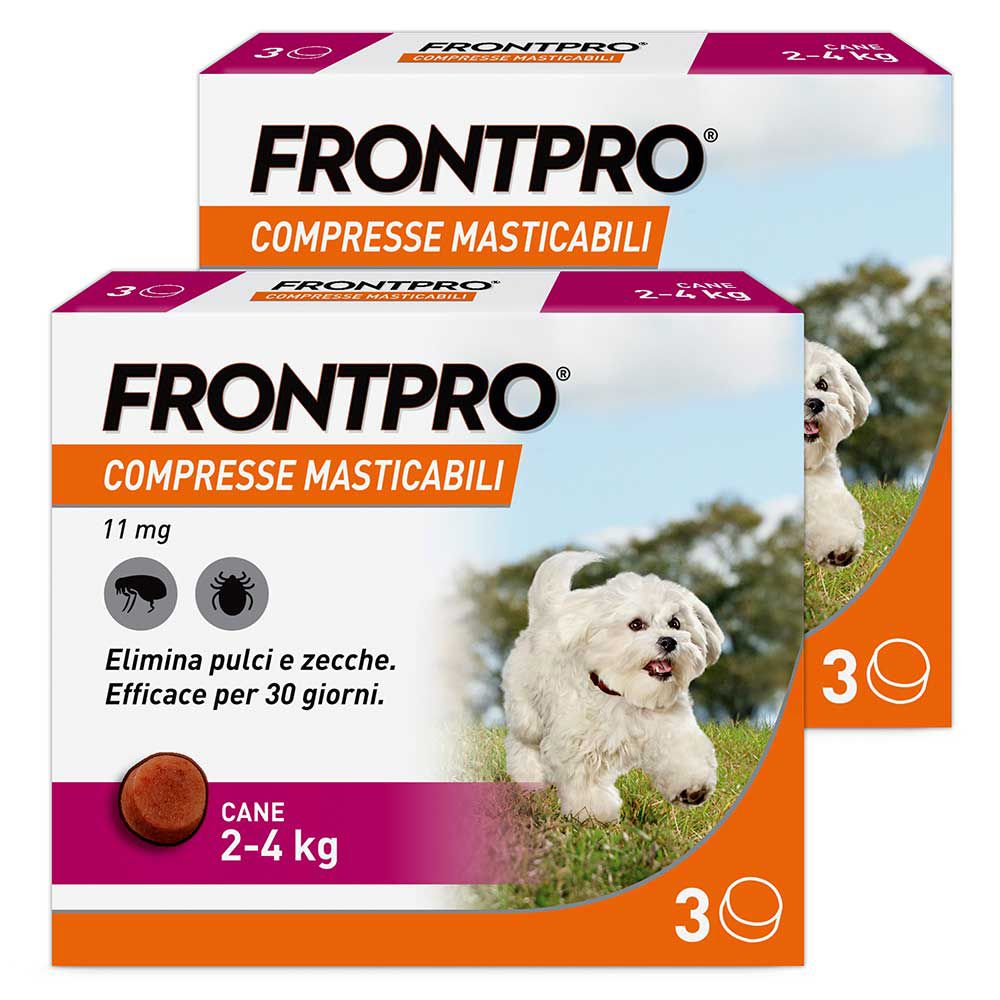 Due confezioni di FRONTPRO, compresse masticabili per cani 2-4 kg. Confezione da 3 compresse. Scritta: Elimina pulci e zecche. Efficace per 30 giorni.