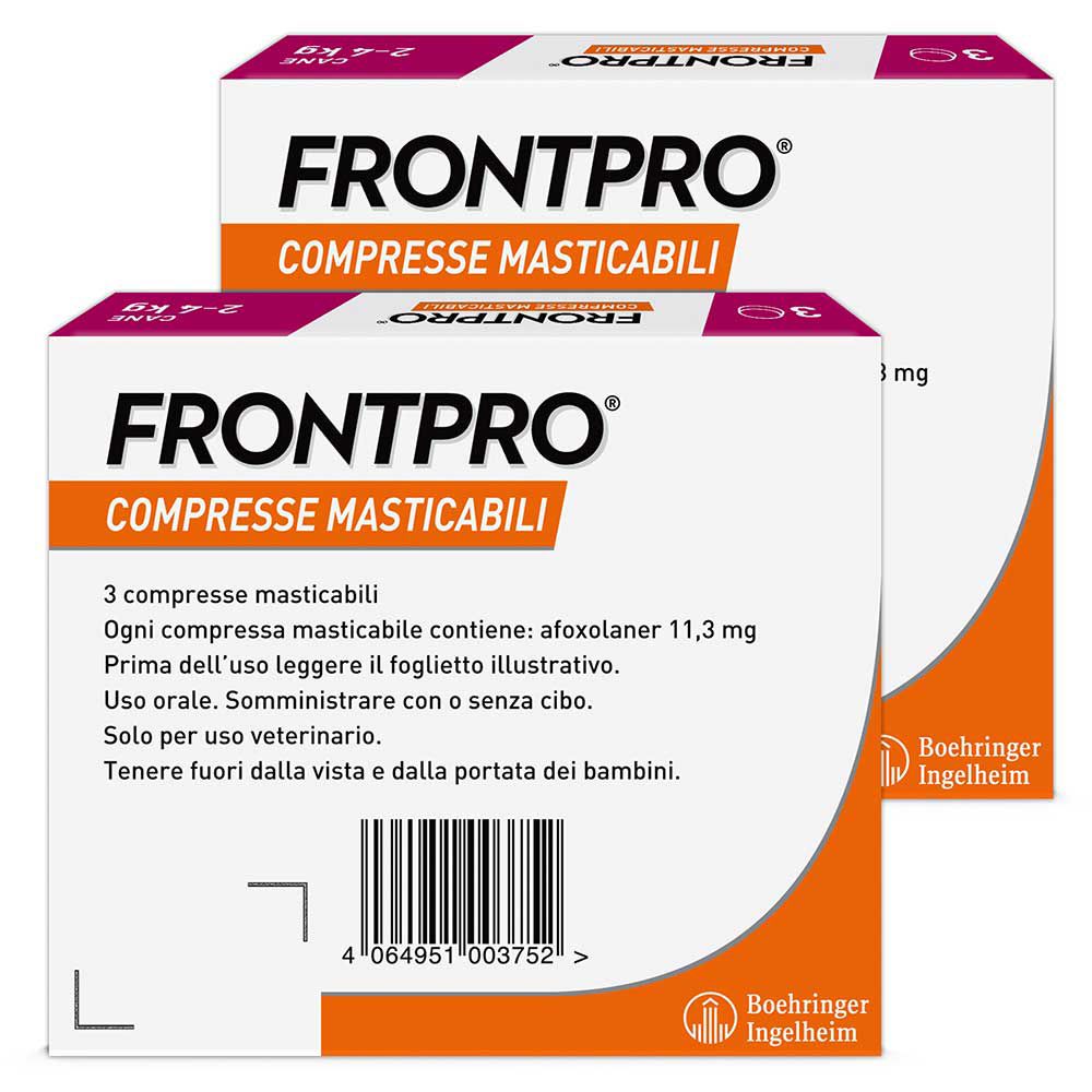 Due confezioni di FRONTPRO, retro. Contiene informazioni sugli ingredienti, l'uso e le avvertenze. Produttore: Boehringer Ingelheim.