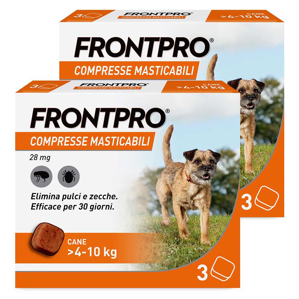 Due confezioni di FRONTPRO compresse masticabili per cani. Scritta: COMPRESSE MASTICABILI, 4-10 kg. Immagine di cane e compresse.