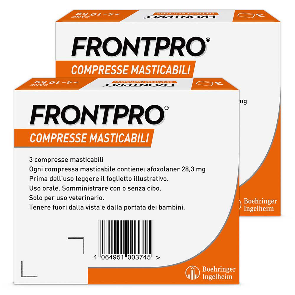 Due confezioni di FRONTPRO compresse. Scritta: COMPRESSE MASTICABILI. Retro con informazioni, codice a barre e logo Boehringer Ingelheim.