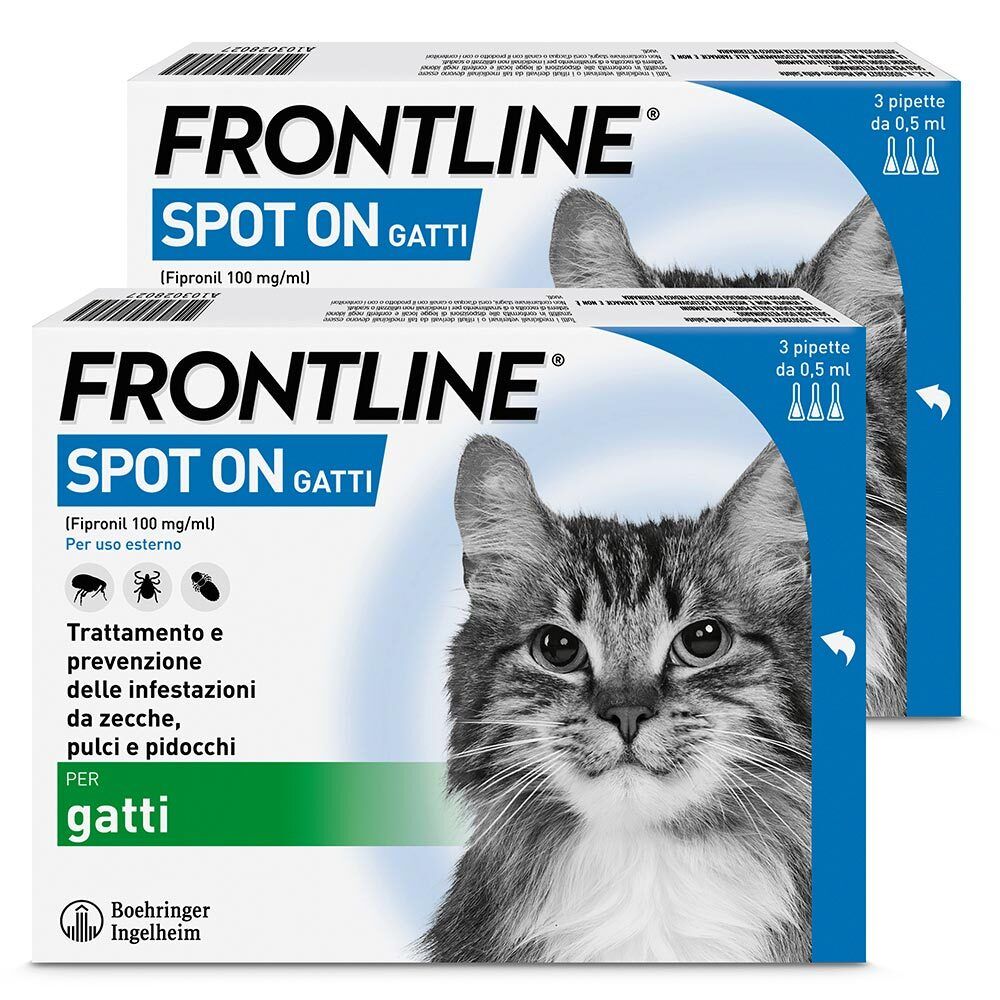Due scatole di Frontline Spot On Gatti. Scritta: Spot On Gatti, 3 pipette, 0,5 ml. Con immagine di gatto.