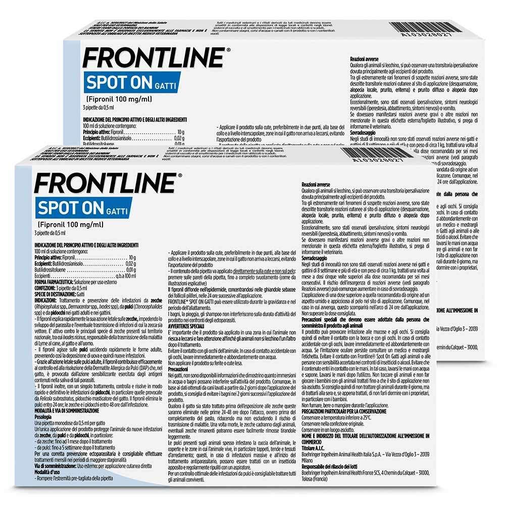 Due scatole di Frontline Spot On Gatti. Retro con informazioni sul prodotto e ingredienti.