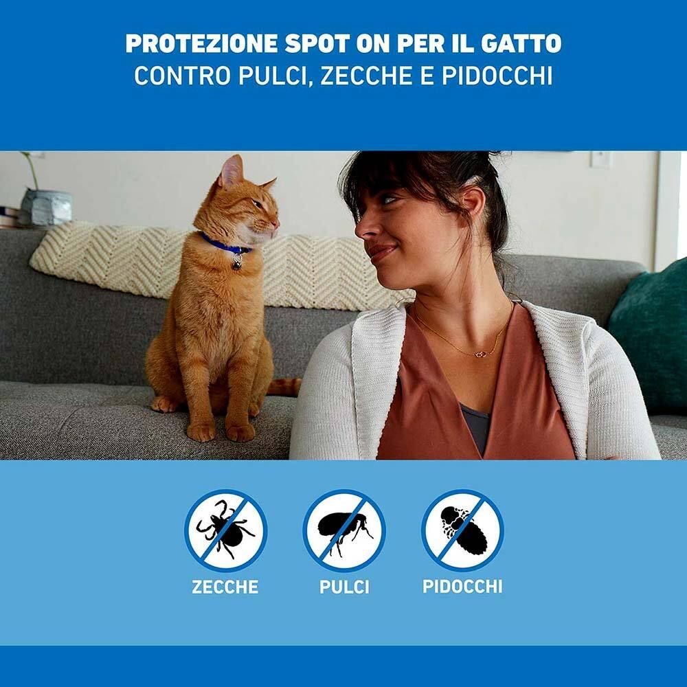 Donna e gatto sul divano. Testo: Protezione contro pulci, zecche e pidocchi. Simboli di zecche, pulci e pidocchi barrati.