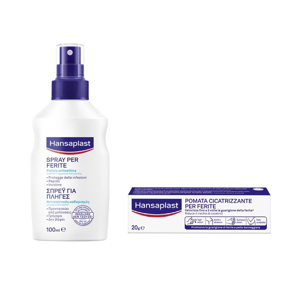 Due prodotti: spray e pomata. Flacone spray bianco con tappo blu. Pomata in scatola con fascia blu e testo.