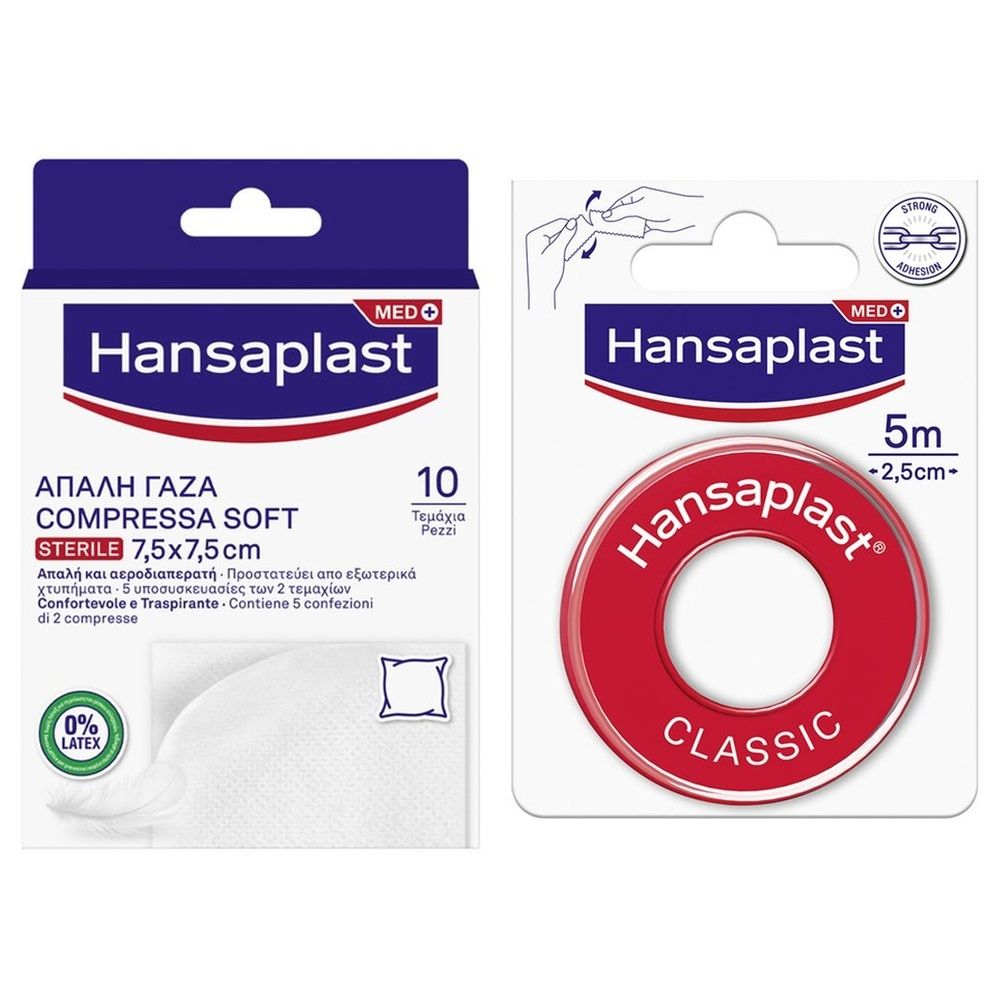 Due confezioni Hansaplast. A sinistra, scatola con 10 compresse sterili. A destra, rotolo di cerotto Classic, 5m x 2,5cm. Loghi e nomi dei prodotti visibili.