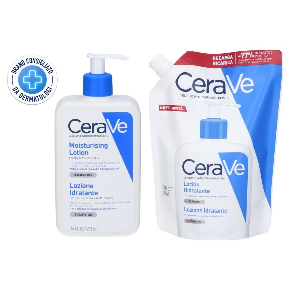 Due flaconi bianchi CeraVe. Uno con pompa, l'altro ricarica. Scritta: "BRAND CONSIGLIATO DA DERMATOLOGI".