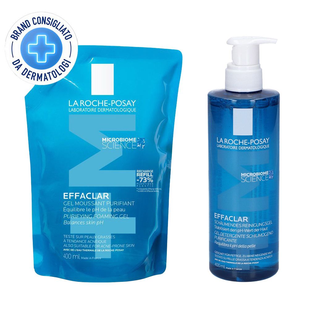 La Roche-Posay Effaclar Gel Schiumogeno Purificante Anti-imperfezioni per pelle mista, grassa o a tendenza acneica 400 ml + Ricarica 400 ml