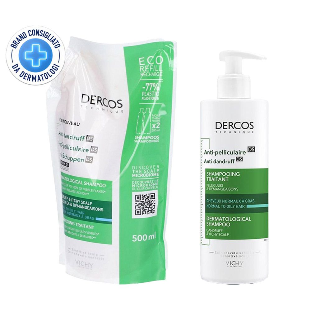 Vichy Dercos Shampoo trattante Anti-forfora DS per capelli da normali a grassi 400 ml + Ricarica 500 ml