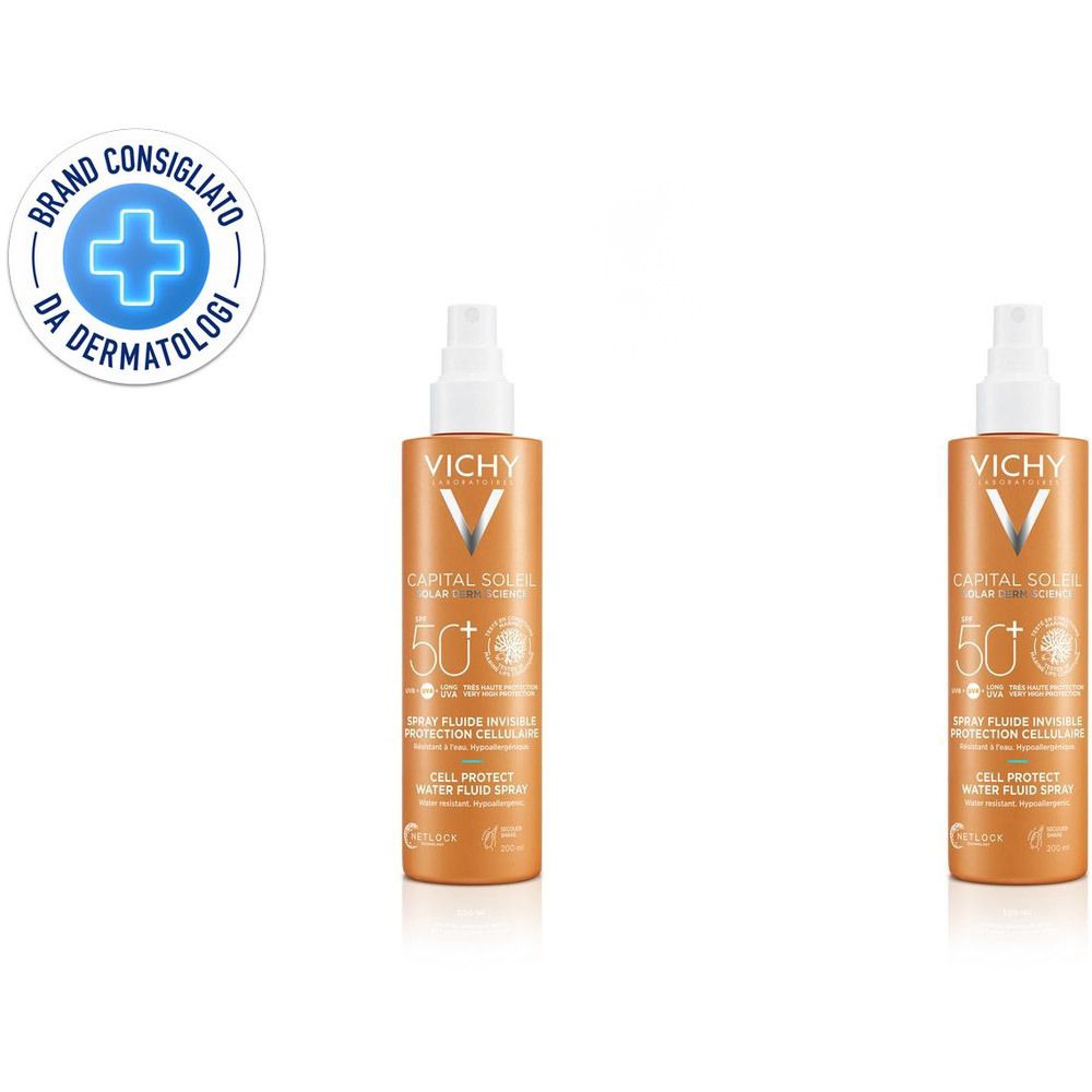 Due spray con erogatore bianco e flacone marrone. Scritte: VICHY, CAPITAL SOLEIL, SPF 50. Logo: Brand Consigliato Da Dermatologi.