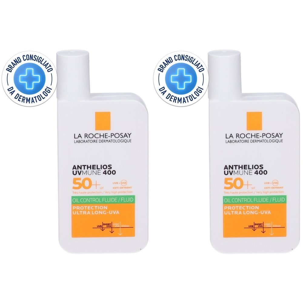 Due flaconi bianchi con dettagli gialli. Scritta: La Roche-Posay Anthelios UVMUNE 400 50+. Con sigillo dermatologico.