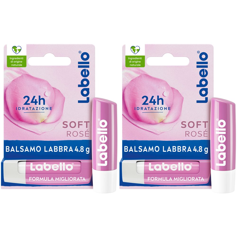 Labello Soft Rosé 4.8 g, Burrocacao labbra colorato e idratante con Estratto di Rosa Set da 2