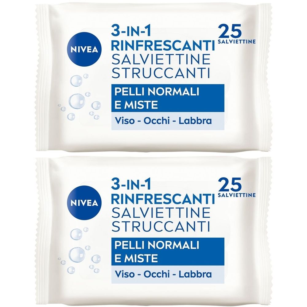 Nivea Salviettine Struccanti 3in1 Rinfrescanti 25 Pezzi, Salviette struccanti pelli normali e miste Set da 2