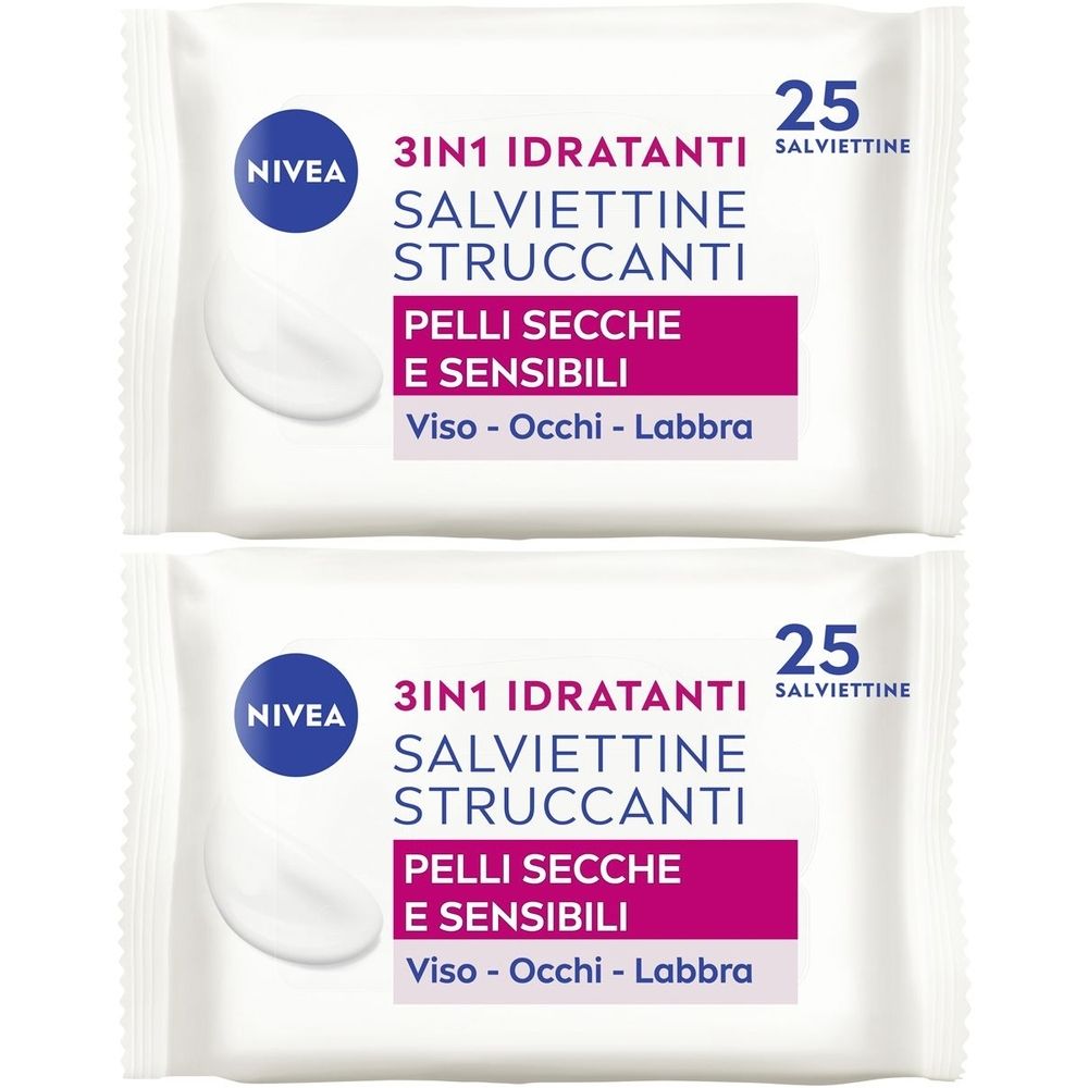 Nivea Salviettine Struccanti 3in1 Idratanti 25 Pezzi, Salviette struccanti per pelli secche Set da 2