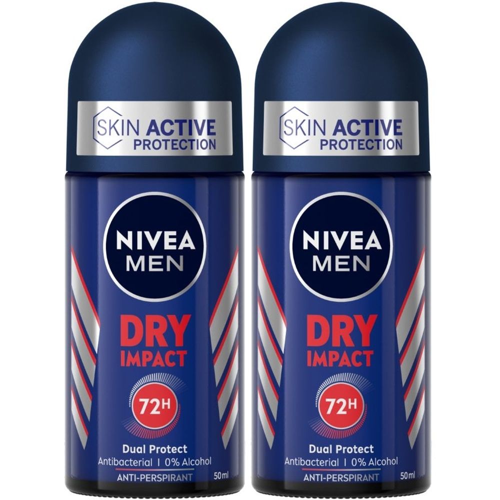 Nivea Men Dry Impact Deodorante Roll on 50 ml, Deodorante uomo per 72h di protezione antitraspirante Set da 2
