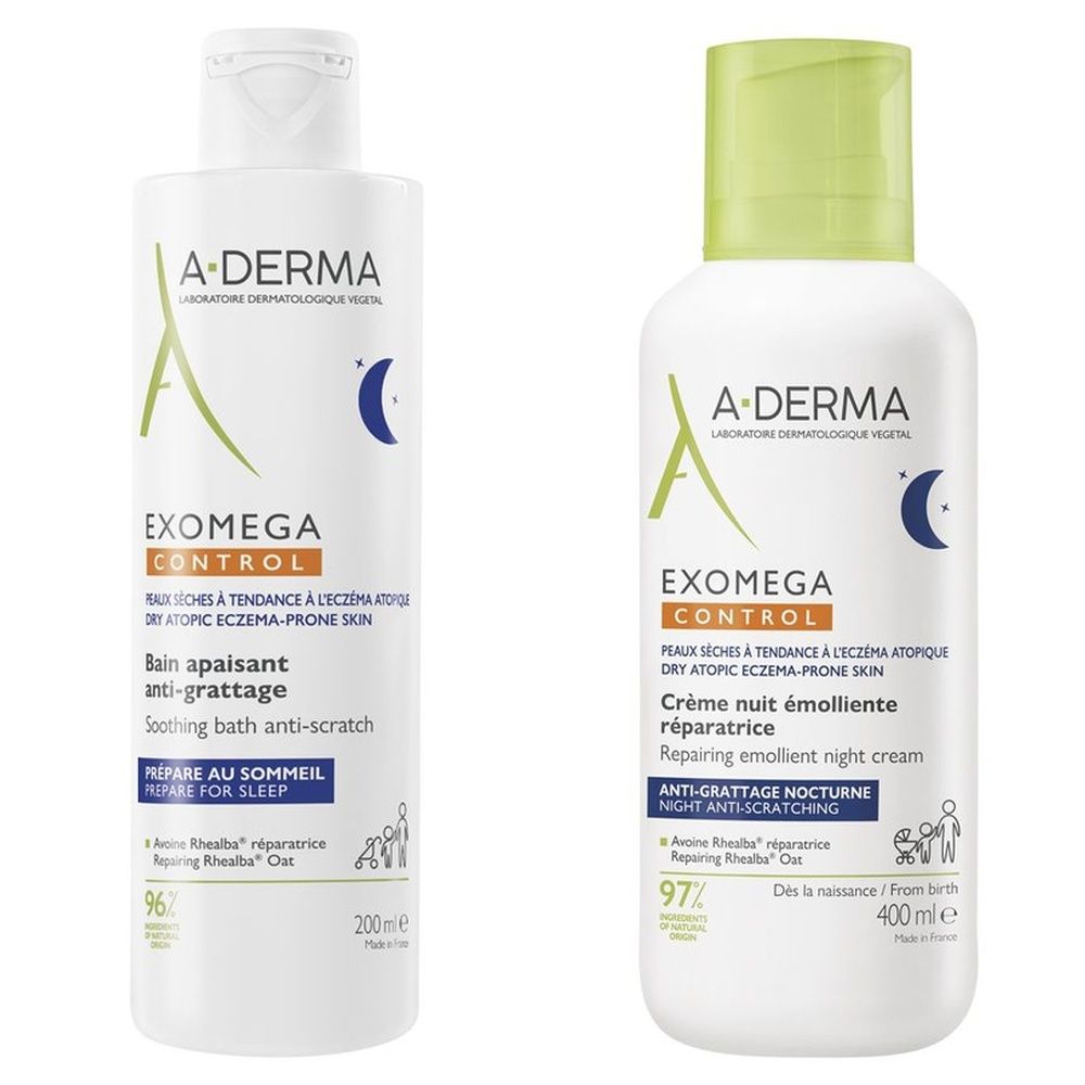 A-Derma Exomega Control Crema notte emolliente ristrutturante + Bagno lenitivo anti-grattage