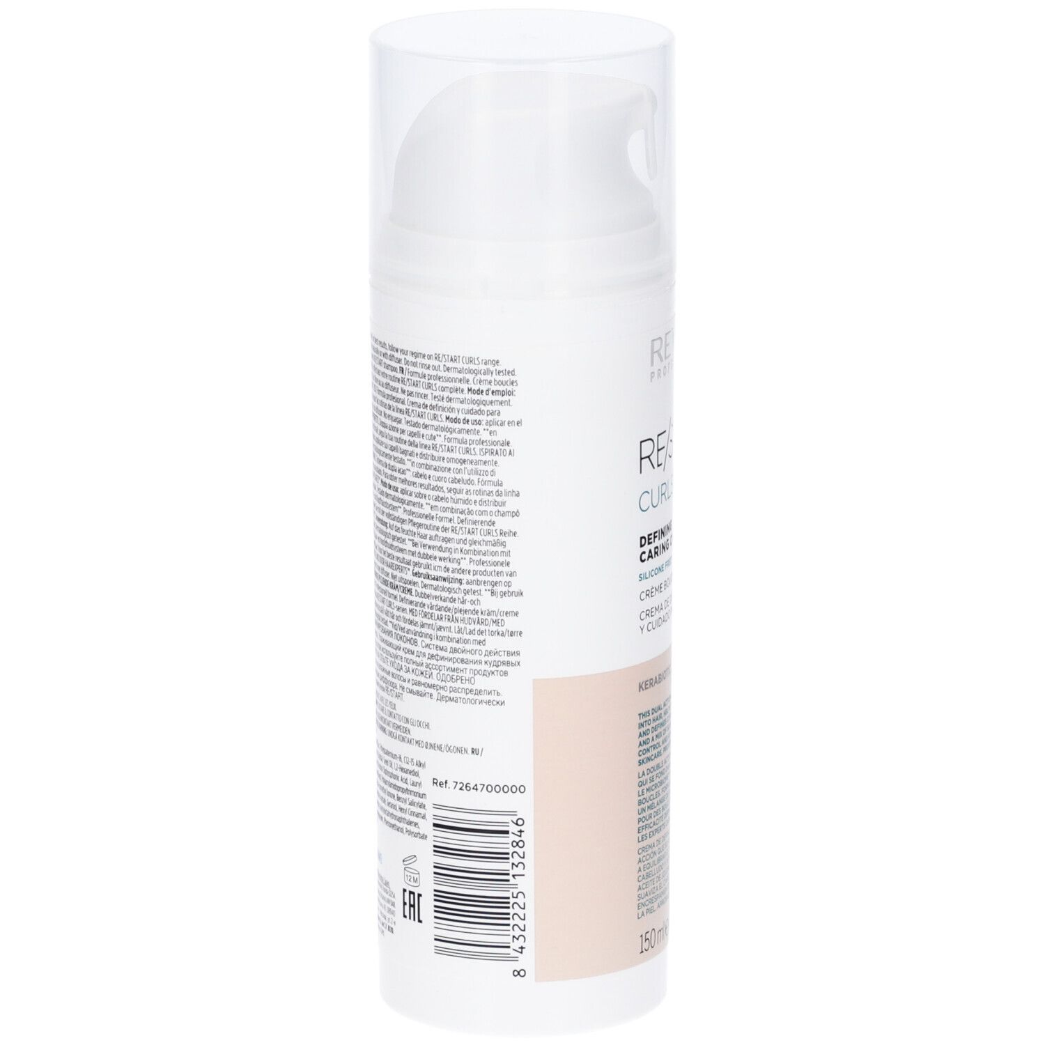 Weiße Flasche mit Pumpspender, 150ml. Enthält Text und Barcode.
