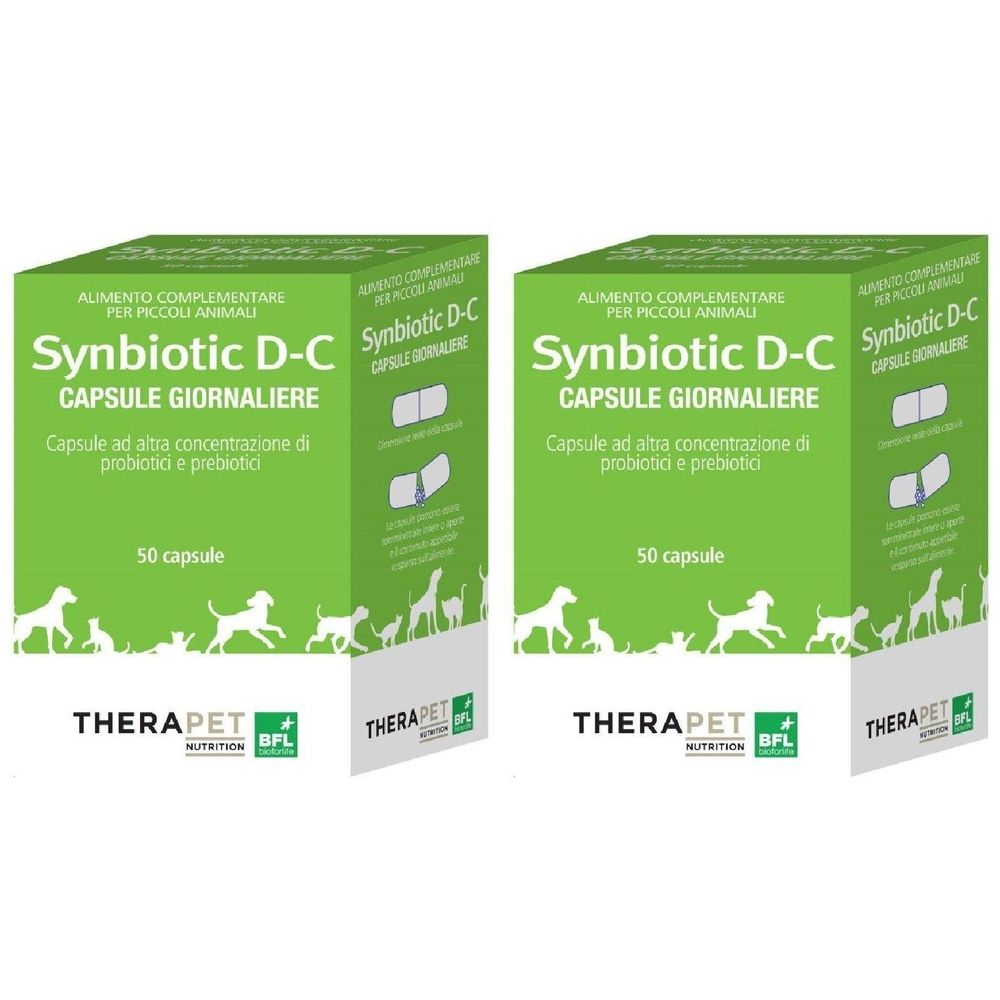 Due scatole verdi "Synbiotic D-C" per animali.
