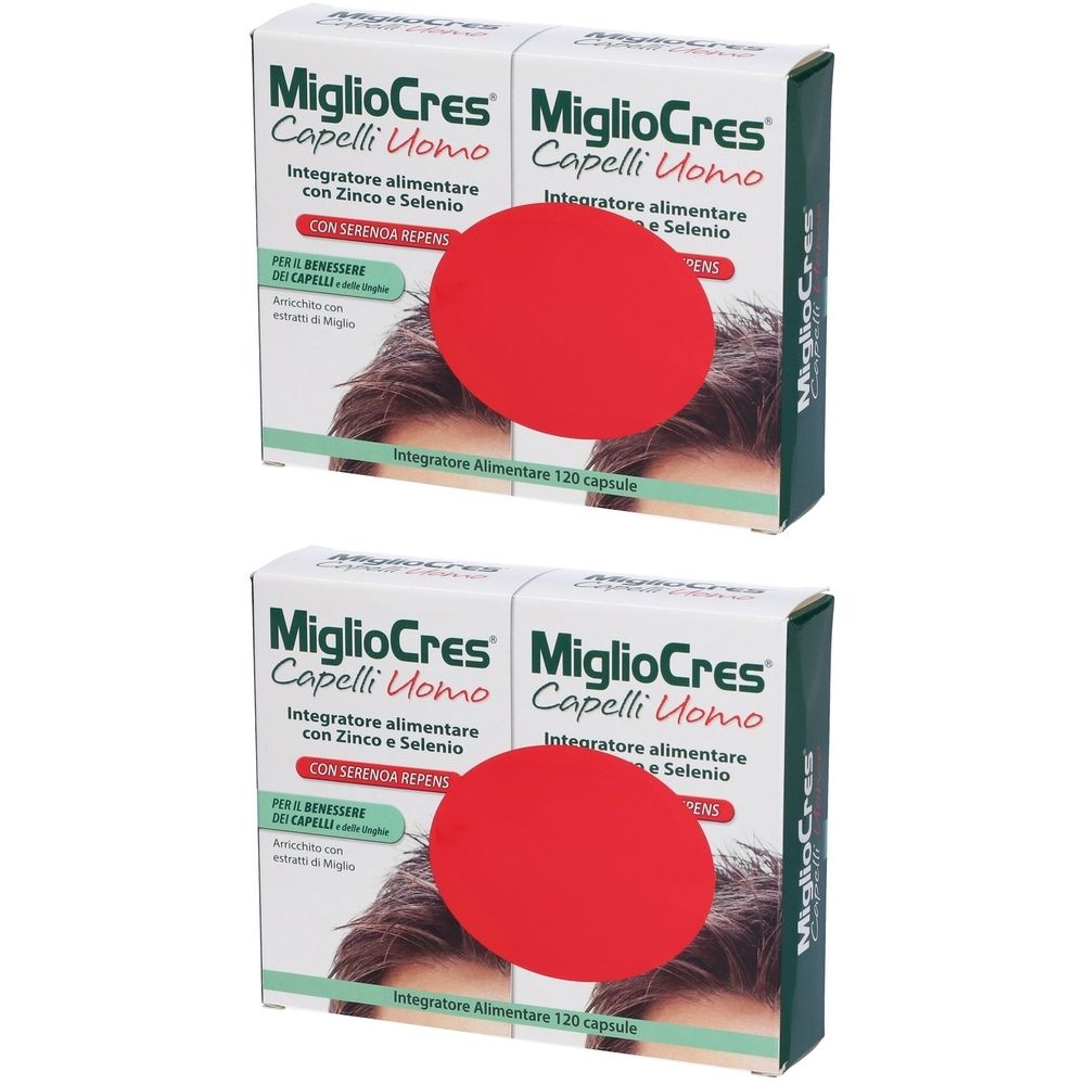 Due scatole "MiglioCres Capelli Uomo". Testo: Integratore alimentare con Zinco e Selenio. Cerchio rosso copre parte dell'immagine.