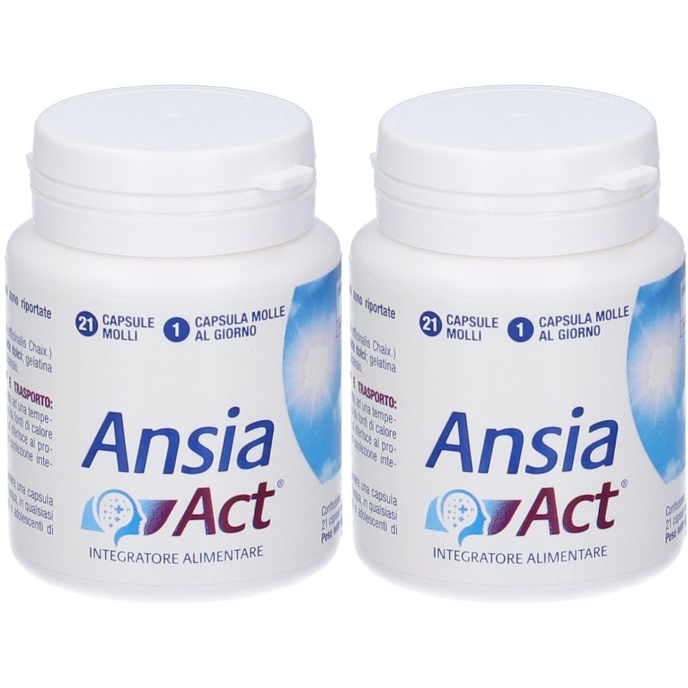 Due flaconi bianchi con coperchi. Scritta: Ansia Act, 21 capsule, 1 capsula al giorno. Integratore alimentare.