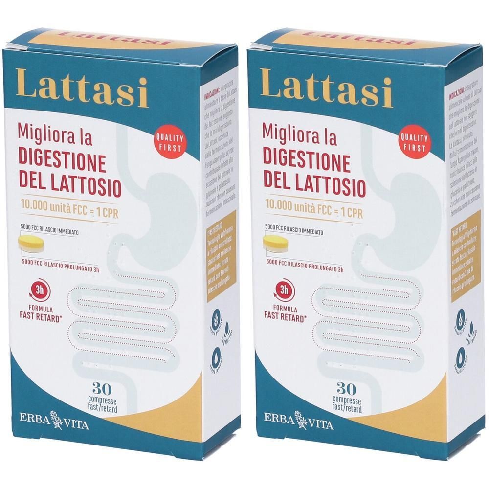 Due confezioni Lattasi Laktoseverdauung, 30 compresse per confezione. Con illustrazione stomaco-intestino.